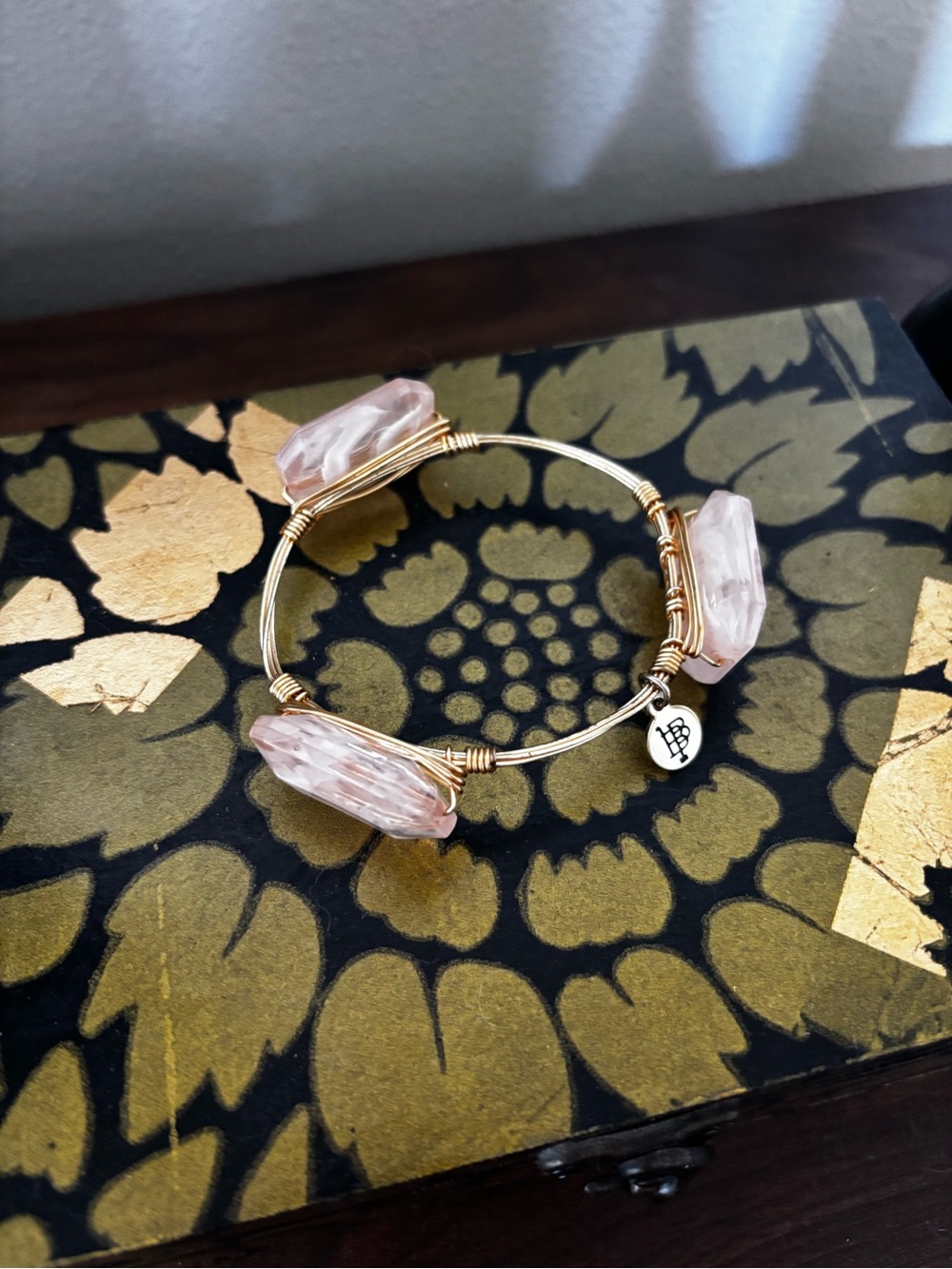Bourbon and Bow ties Gold Wire Bangle with Rise Quartz Gemstone Accents - Picture 3 of 3